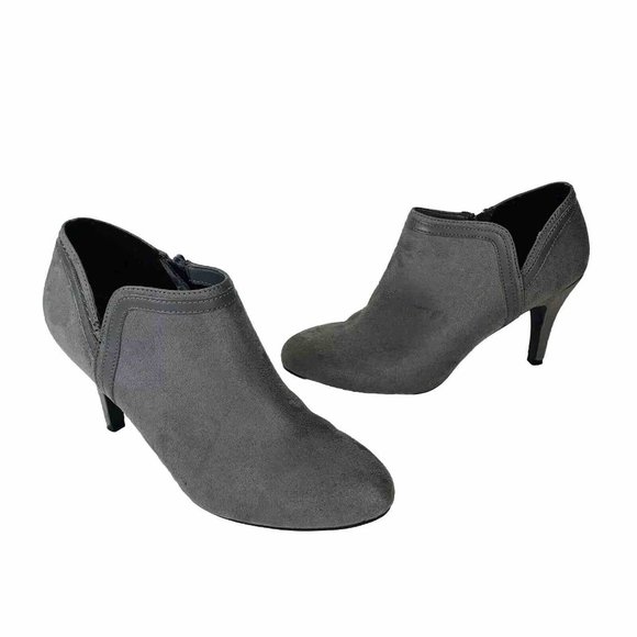 DexFlex Comfort Ankle Bootie Sz 9 Shoes High Heels Gray Suede Pumps Side Zip - Picture 2 of 16